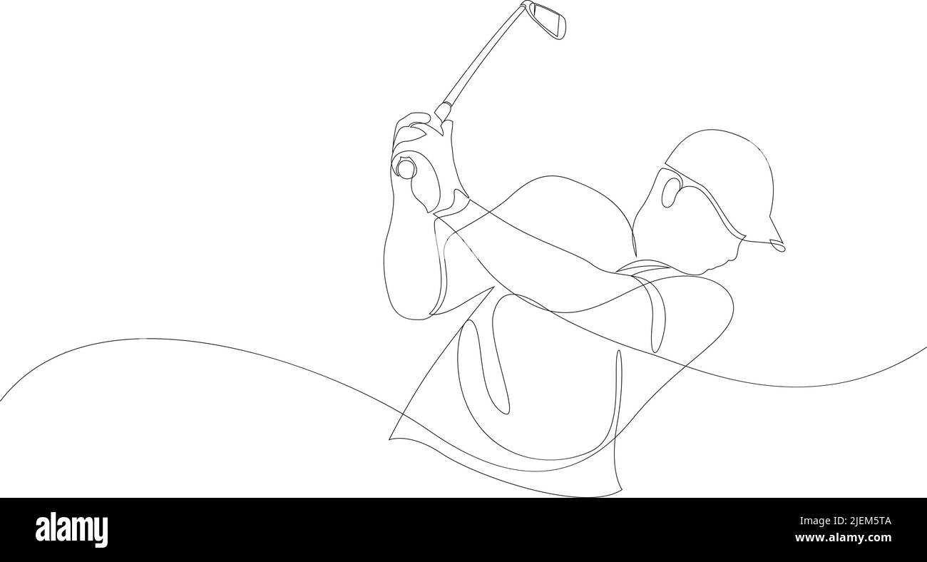 Una singola linea di disegno del giocatore di golf colpisce la sfera usando il randello di golf. Concetto di sport. Design moderno a linea continua per poster torneo di golf. VEC Illustrazione Vettoriale