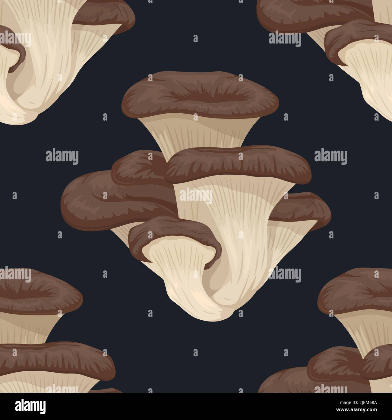 Vector Seamless Pattern con Oyster Mushroom su Black. Texture senza giunture, cartoon Oyster disegnato a mano Mushrooms Bush. Modello di disegno per tessile, parete Illustrazione Vettoriale