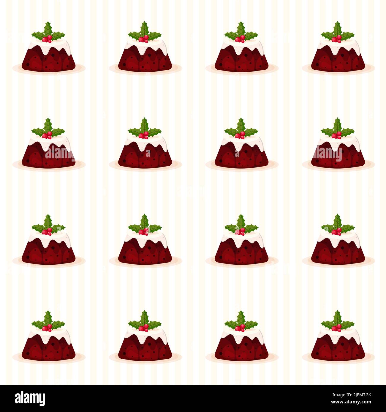 Budino di Natale decorato con rametto di Holly senza cuciture Pattern con strisce beige Illustrazione Vettoriale