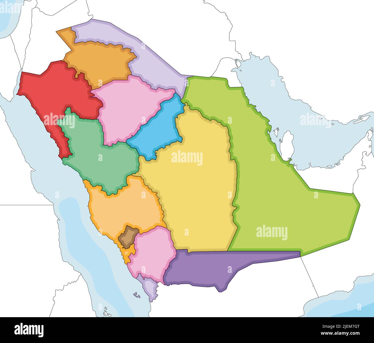 Il vettore ha illustrato una mappa vuota dell'Arabia Saudita con province e divisioni amministrative e paesi vicini. Lay modificabile e chiaramente etichettato Illustrazione Vettoriale