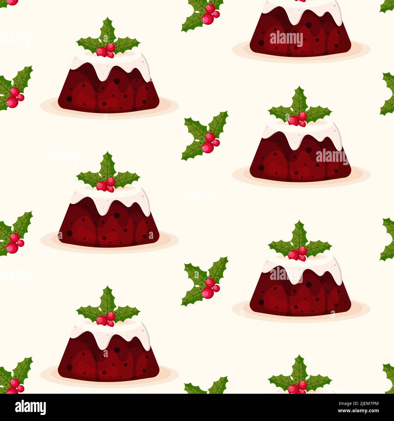 Budino di Natale decorato con rametto di Holly Seamless Pattern Illustrazione Vettoriale