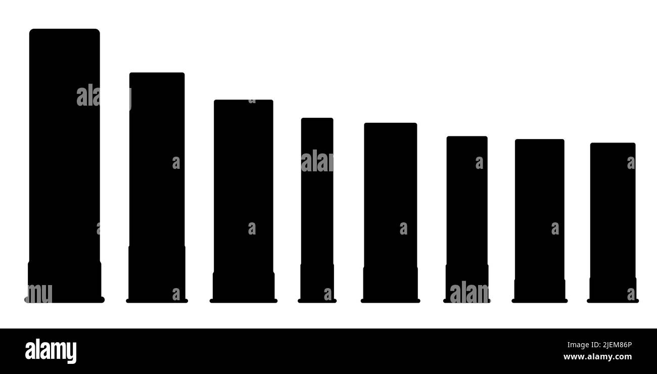 Icona della cartuccia di caccia isolata. Varie cartucce di caccia. Munizioni militari. Silhouette della cartuccia nera. Illustrazione vettoriale. Illustrazione Vettoriale