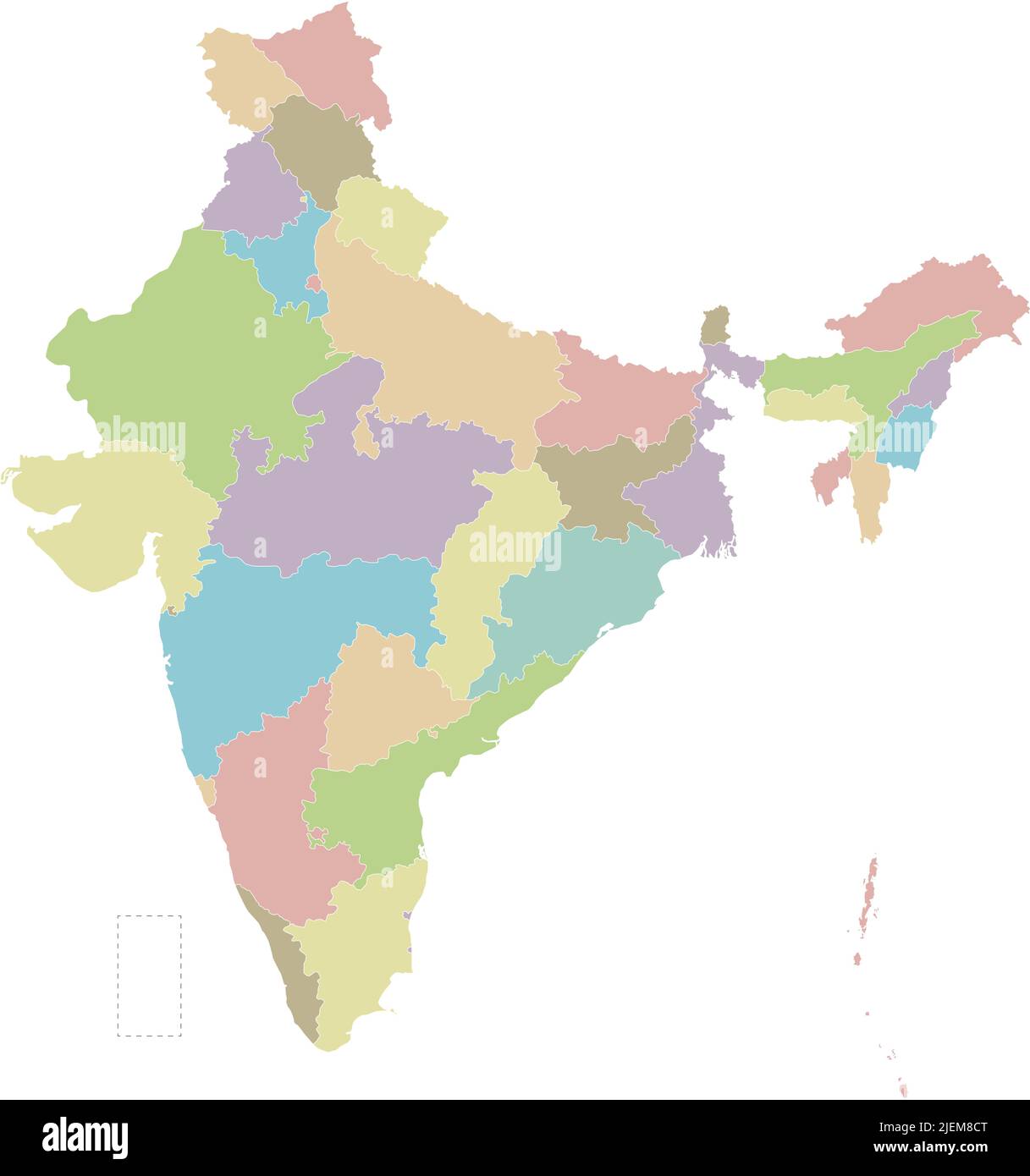 Mappa vettoriale in bianco dell'India con stati e territori e divisioni amministrative. Livelli modificabili e chiaramente etichettati. Illustrazione Vettoriale