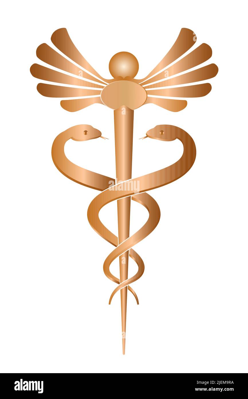 Caduceus, lo staff di Hermes icona isolato su sfondo bianco. Simbolo del commercio e della negoziazione. Illustrazione vettoriale del colore del rame metallico Illustrazione Vettoriale