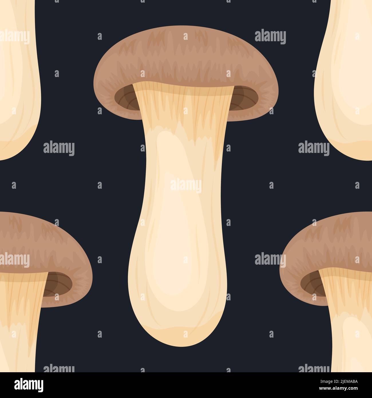 Vector Seamless Pattern con King Trumpet Oyster Mushroom on Black. Texture senza giunture, cartoon King Trumpet Oyster mushrooms disegnati a mano. Design Illustrazione Vettoriale