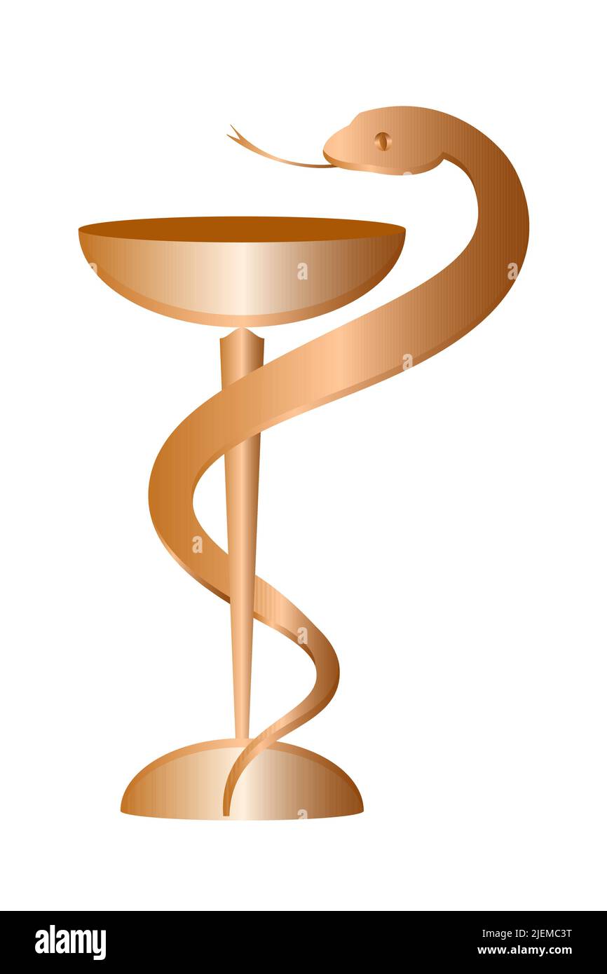Ciotola di Hygeia icona isolato su sfondo bianco. Serpente e una ciotola farmacia icona. Simbolo di farmacia, medicina, farmacia e ospedale. Rame metallico Illustrazione Vettoriale
