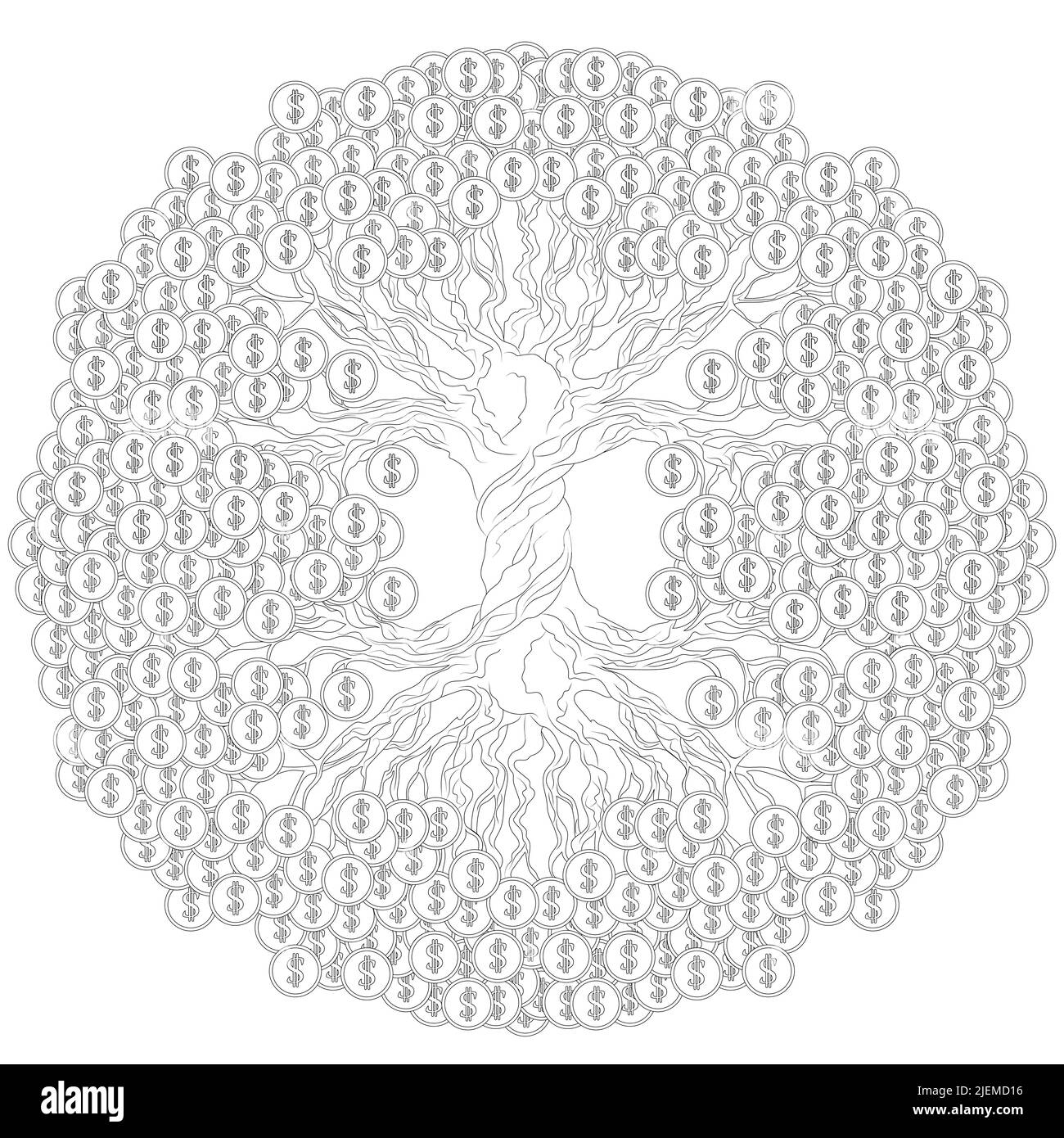 Albero dei soldi con le monete del dollaro. Un tradizionale feng shui simbolo per attrarre ricchezza e prosperità. Illustrazione nera. Illustrazione Vettoriale Albero dei soldi con le monete del dollaro. Un tradizionale feng shui simbolo per attrarre ricchezza e prosperità. Illustrazione nera. Illustrazione Vettoriale