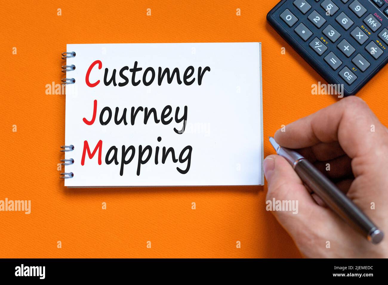 Simbolo di mappatura del percorso del cliente CJM. Concept words CJM customer journey mapping on white note on beautiful Orange background. Business e CJM custome Foto Stock