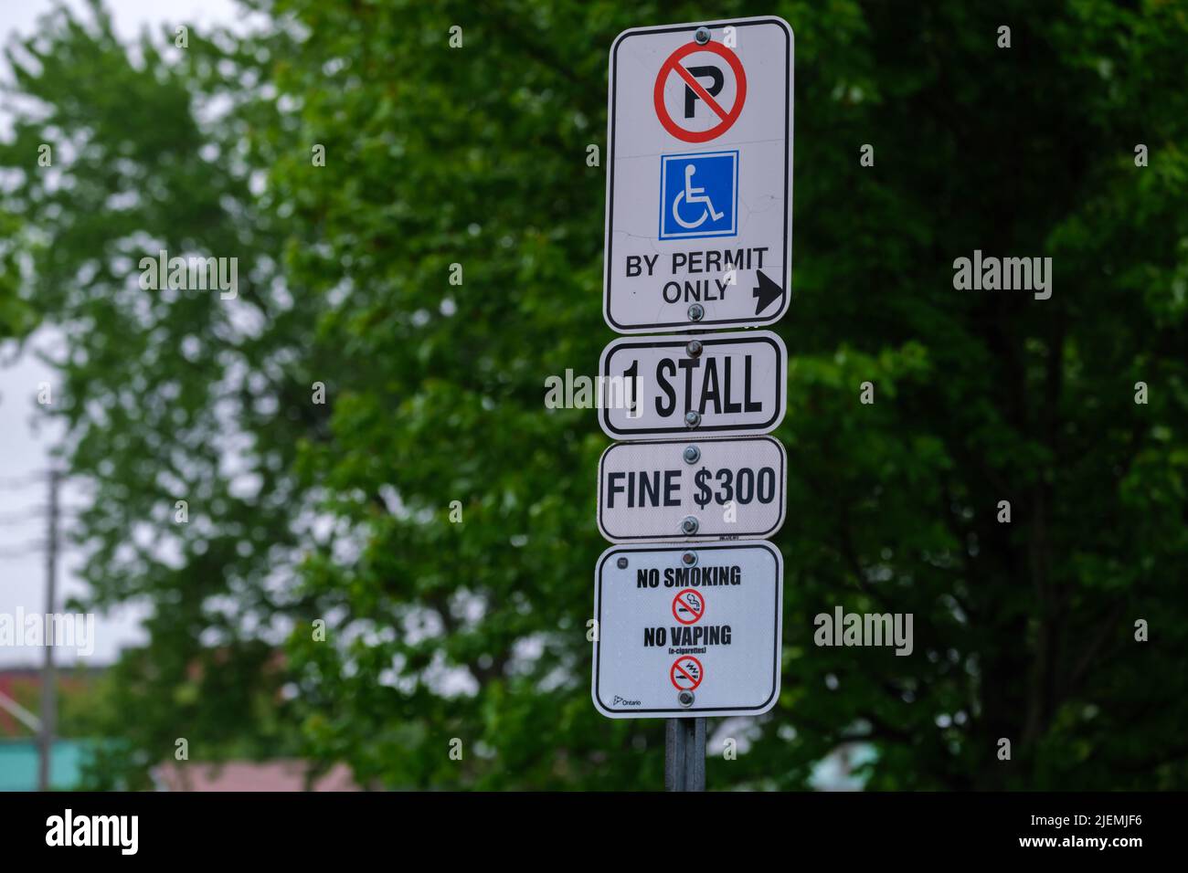 Brockville, Ontario, Canada - 22 maggio 2022: Un segno segna un singolo spazio di parcheggio accessibile che richiede un permesso con una multa di $300. Foto Stock
