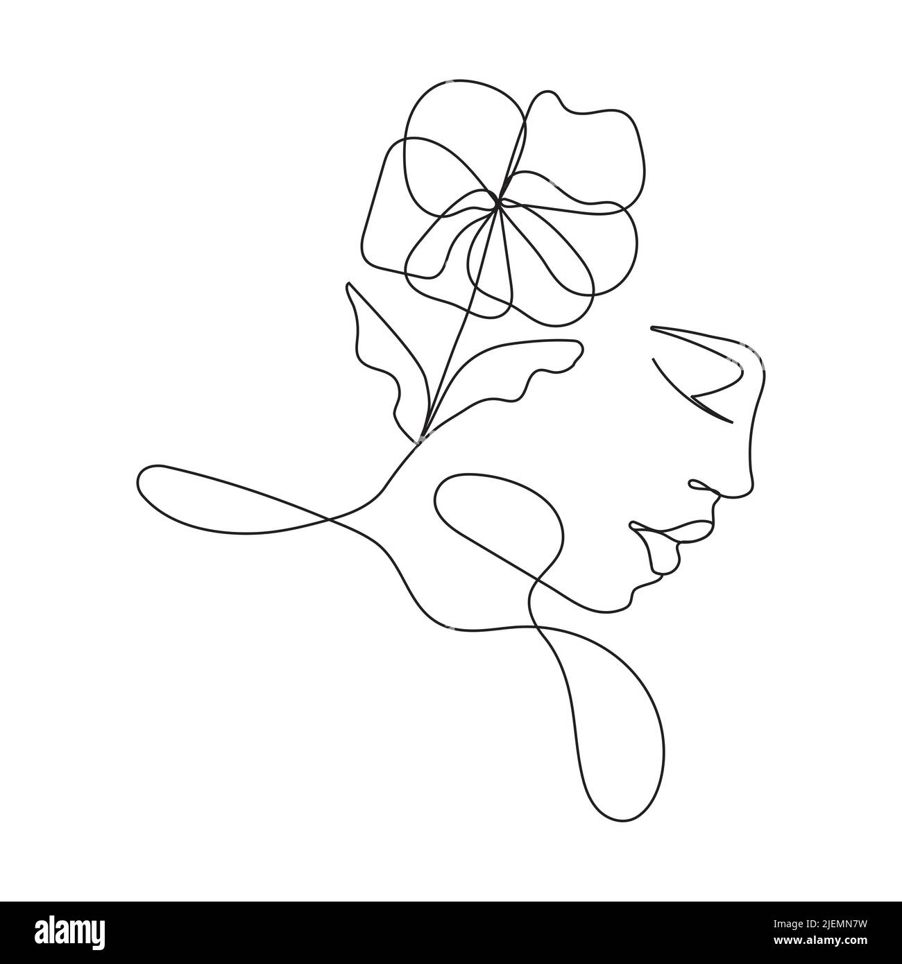 Boho donna bella faccia su astratto muro arte vettore. Ritratto surreale, faccia della ragazza in linea continua. Foto astratta floreale e botanica alla moda Illustrazione Vettoriale