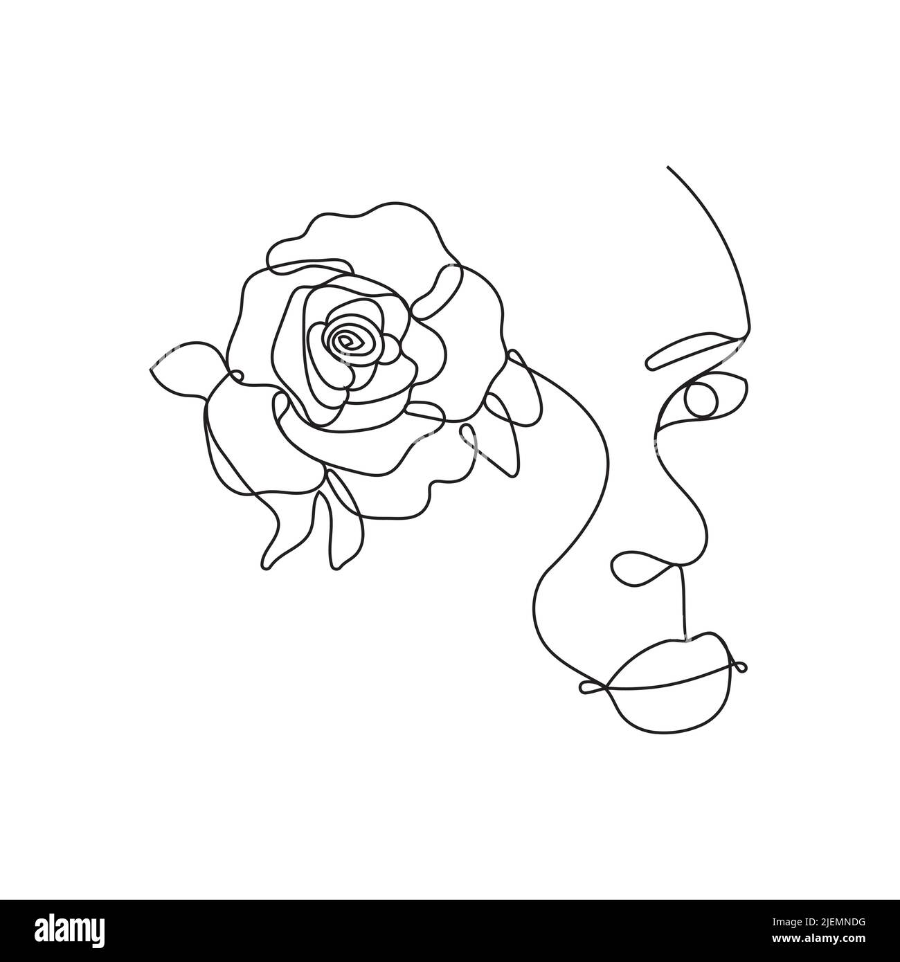 Boho donna bella faccia su astratto muro arte vettore. Ritratto surreale, faccia della ragazza in linea continua. Foto astratta floreale e botanica alla moda Illustrazione Vettoriale