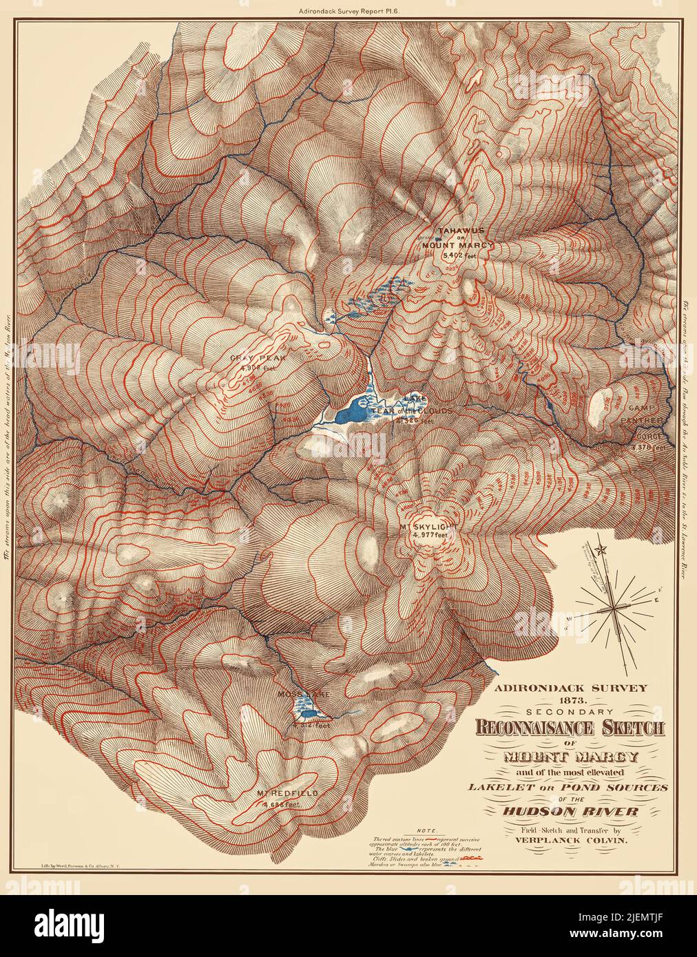 Adirondack Mappa topografica 1873, una riproduzione restaurata. Titolo originale. Adirondack Survey, 1873, disegno ricognitore secondario del Monte Marcy e del lago più elevato o sorgenti stagno del fiume Hudson. Mostra le quote e altre caratteristiche geografiche. Foto Stock