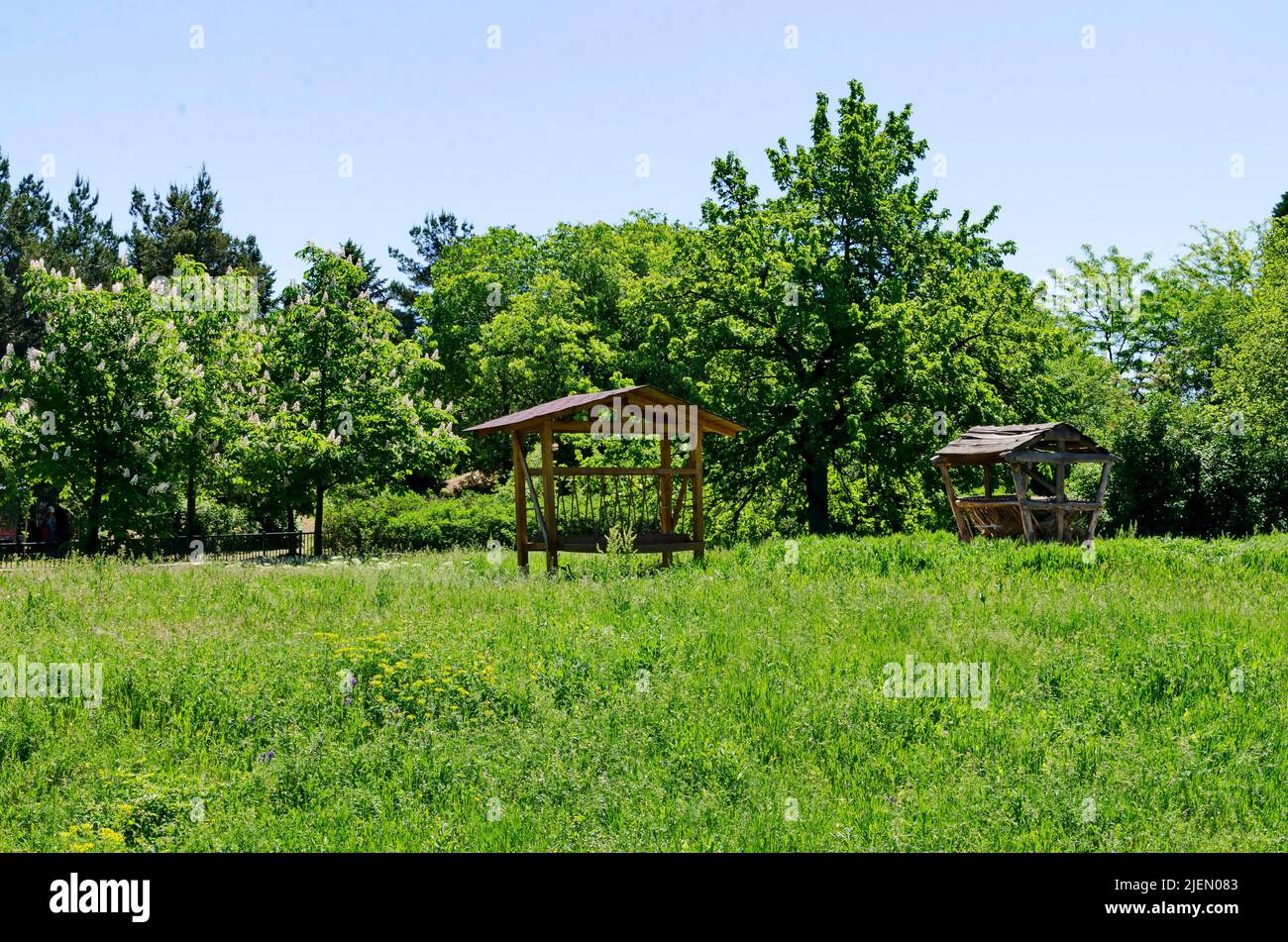 Parte di un cantiere e di alimentatori per pascolo di animali, Sofia, Bulgaria Foto Stock