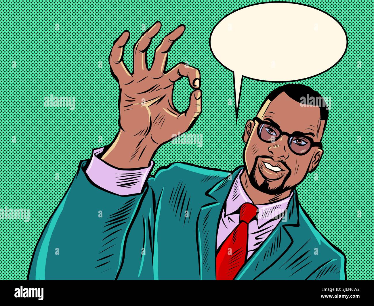 Uomo d'affari afroamericano OK gesto, qualità raccomandazione, mano gesto, annuncio pubblicitario. Pop art retro vettore illustrazione kitsc Illustrazione Vettoriale