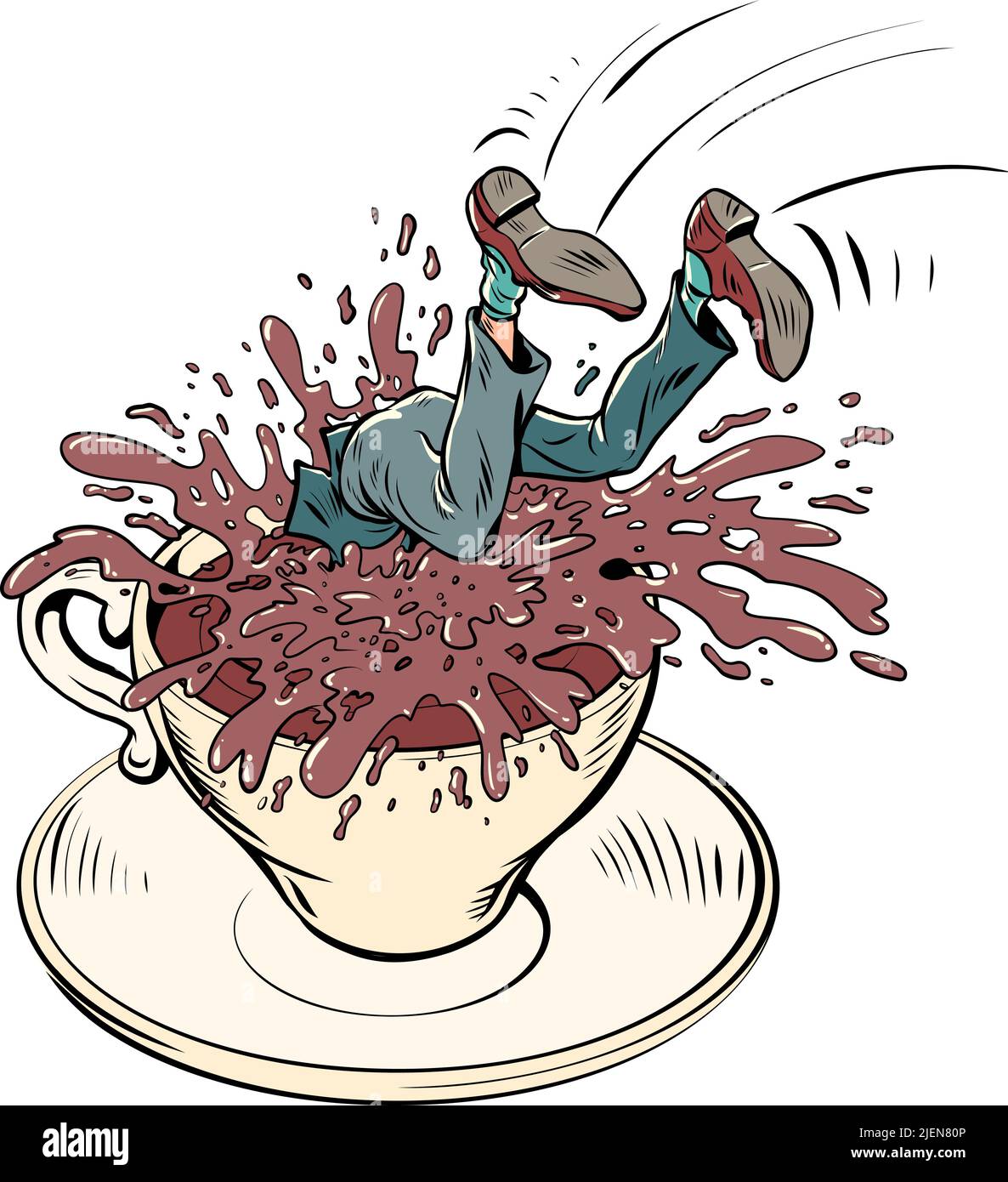 Caffè del mattino, una tazza di bevanda calda, allegria. l'uomo si tuffò nella coppa Illustrazione Vettoriale