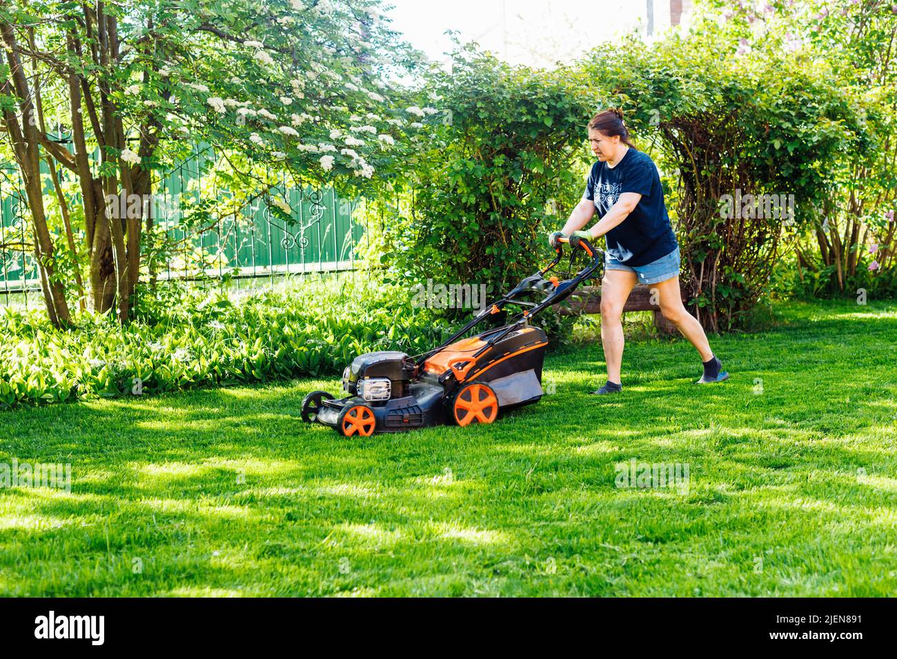 Donna dai capelli scuri in abiti casual con rasaerba a benzina o tagliaerba in giardino. Taglio di piante verdi fresche Foto Stock