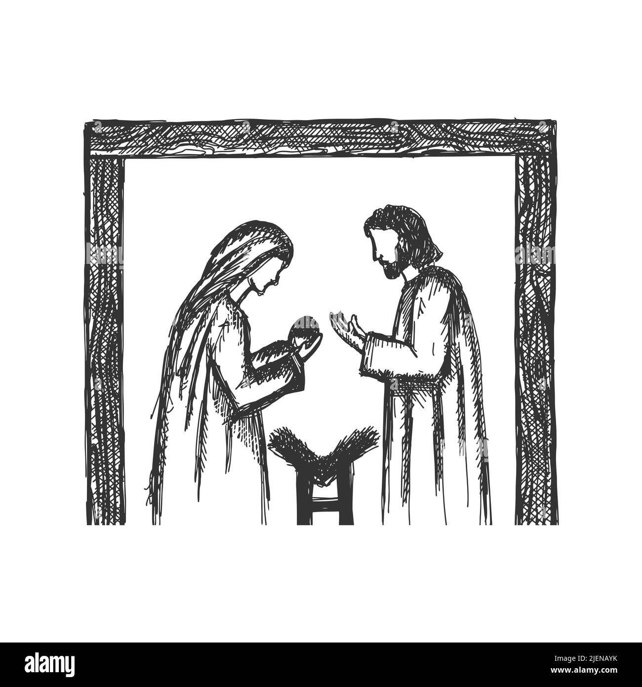 Un disegno di una scena di presepio. Giuseppe e Maria con il piccolo Gesù in una stalla, una grotta. Illustrazione Vettoriale