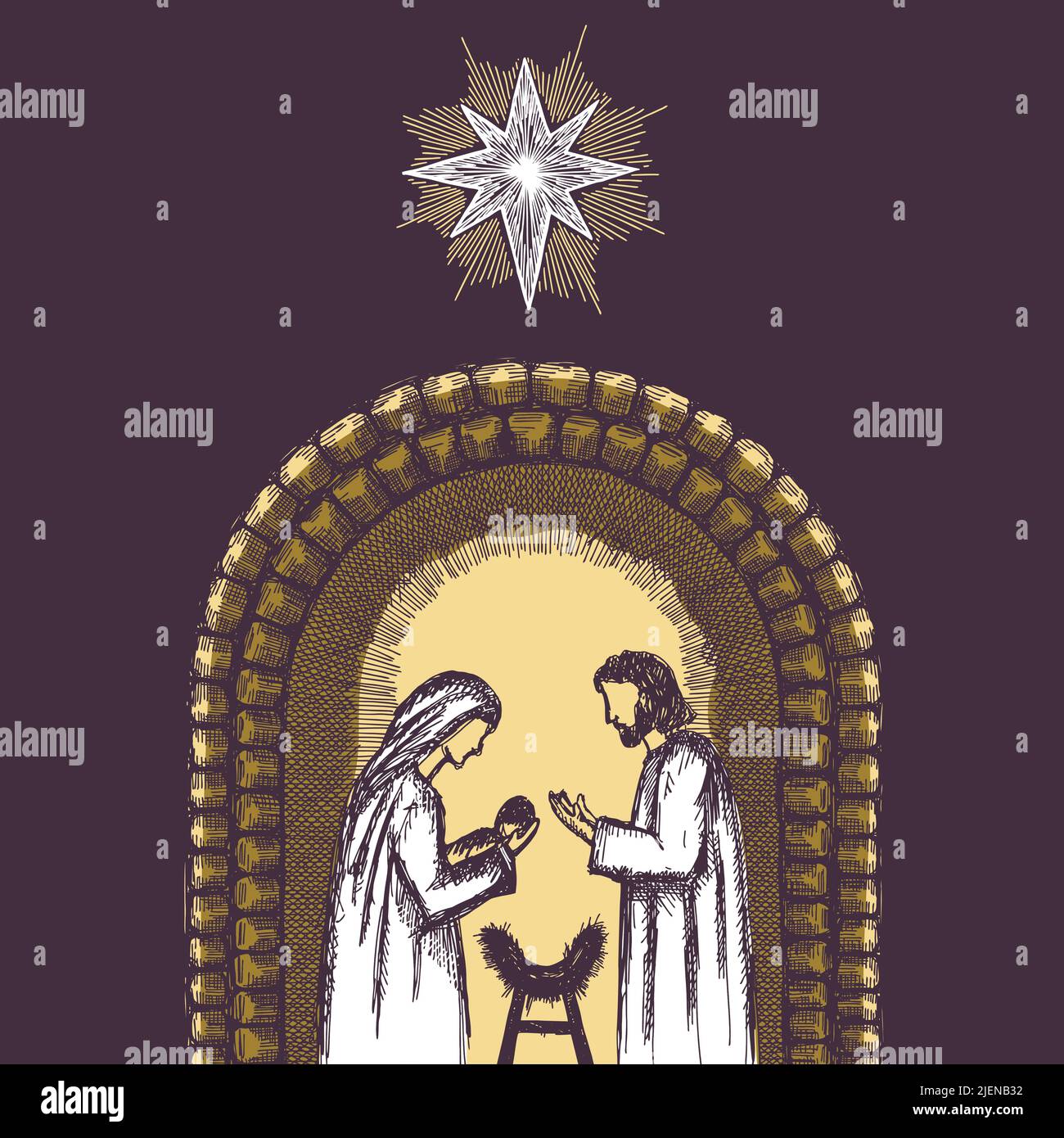 Un disegno di una scena di presepio. Giuseppe e Maria con il piccolo Gesù in una stalla, una grotta. Illustrazione Vettoriale