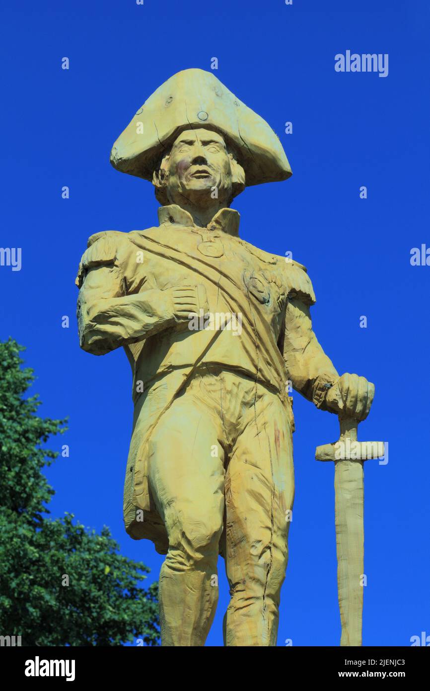 Ammiraglio Lord Horatio Nelson, scultura in legno, scultura, Burnham Thorpe, di un artista di motosega Henry Hepworth-Smith, di Maple norvegese, Norfolk Foto Stock