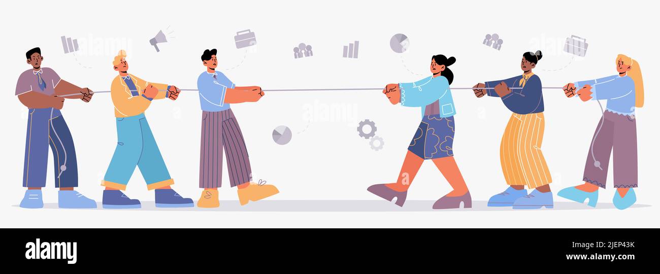 La rivalità della squadra di genere, uomini tira di guerra con le donne. Uomini e donne uomini d'affari personaggi wrestling. Concetto di femminismo e ufficio patriarcato lotta battaglia per la leadership, linea arte flat vettore illustrazione Illustrazione Vettoriale
