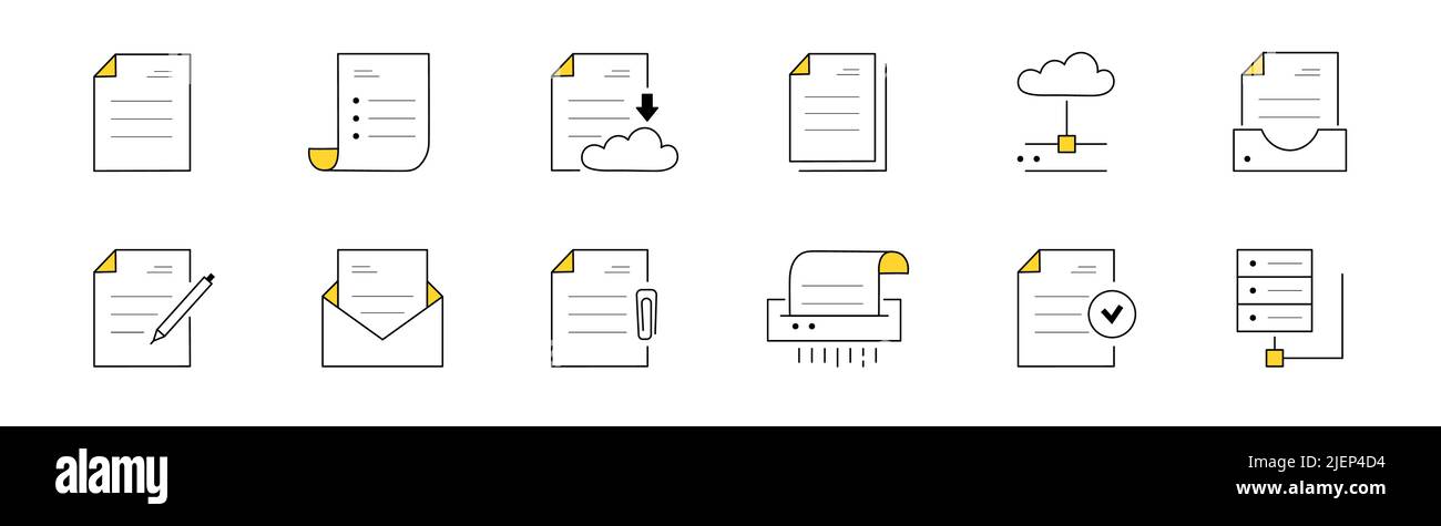 Set di icone doodle funzionano con i documenti, archiviazione online. I segni lineari vettoriali isolati vengono caricati sul cloud, distruggendo carta, file e cartelle con penna, busta Illustrazione Vettoriale