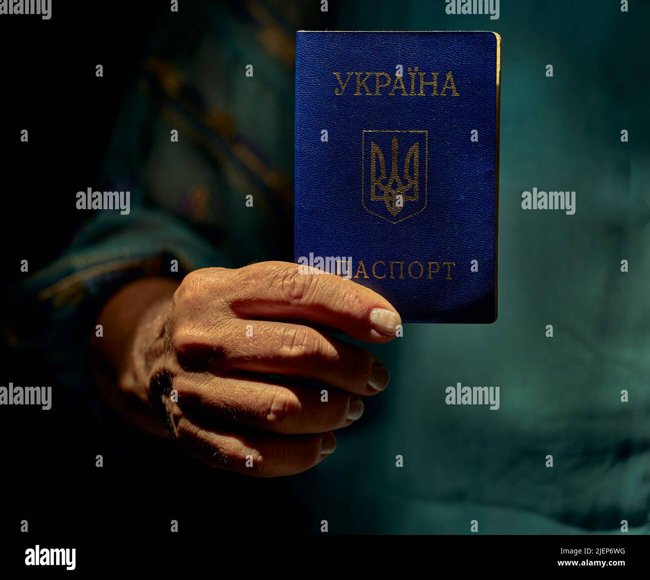 Foto di un passaporto civile ucraino in una mano femminile con sfondo sfocato. Iscrizione in Ucraina passaporto. Foto Stock