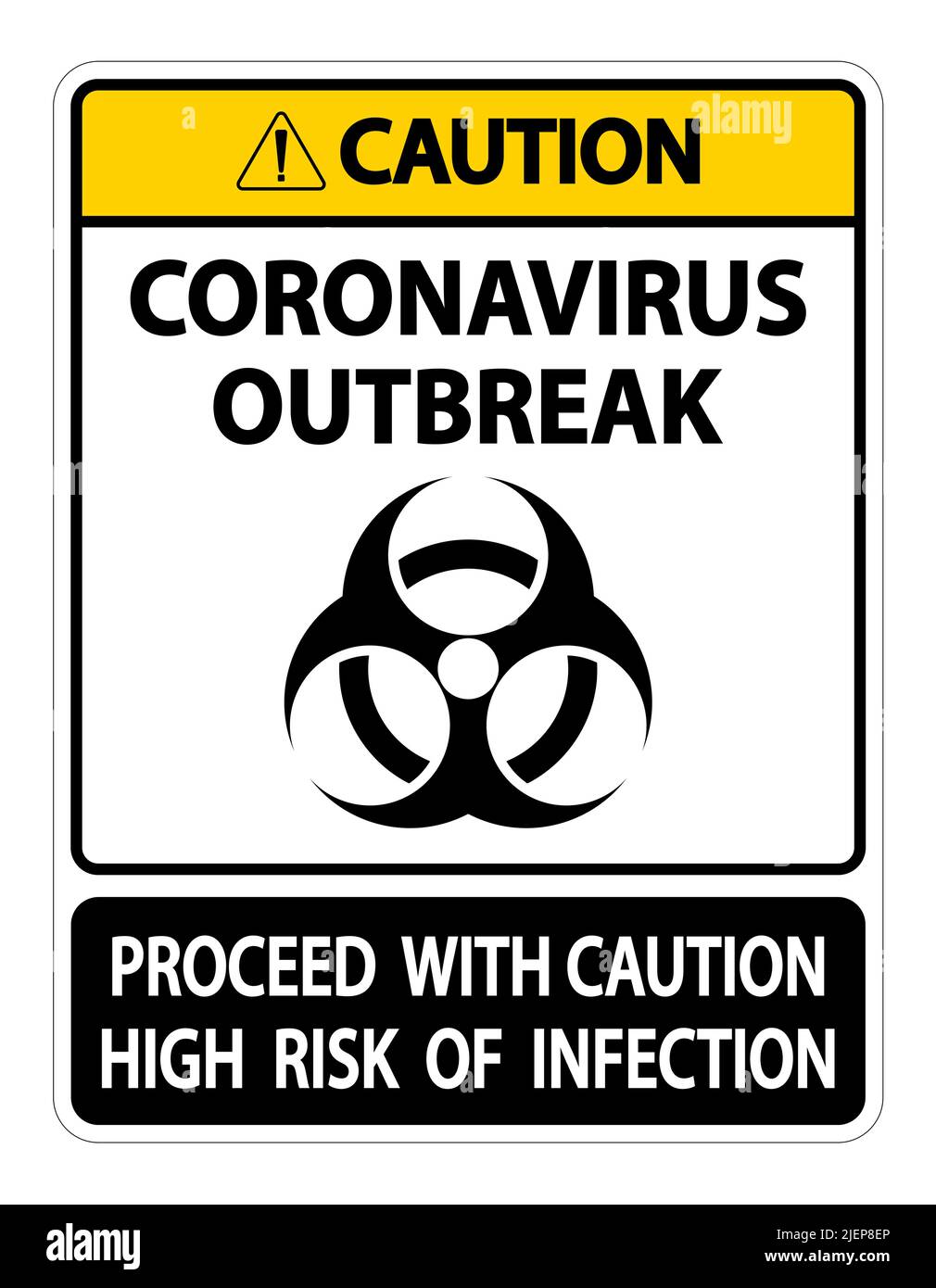 Attenzione Coronavirus focolaio segno isolare su sfondo bianco, illustrazione vettore Illustrazione Vettoriale
