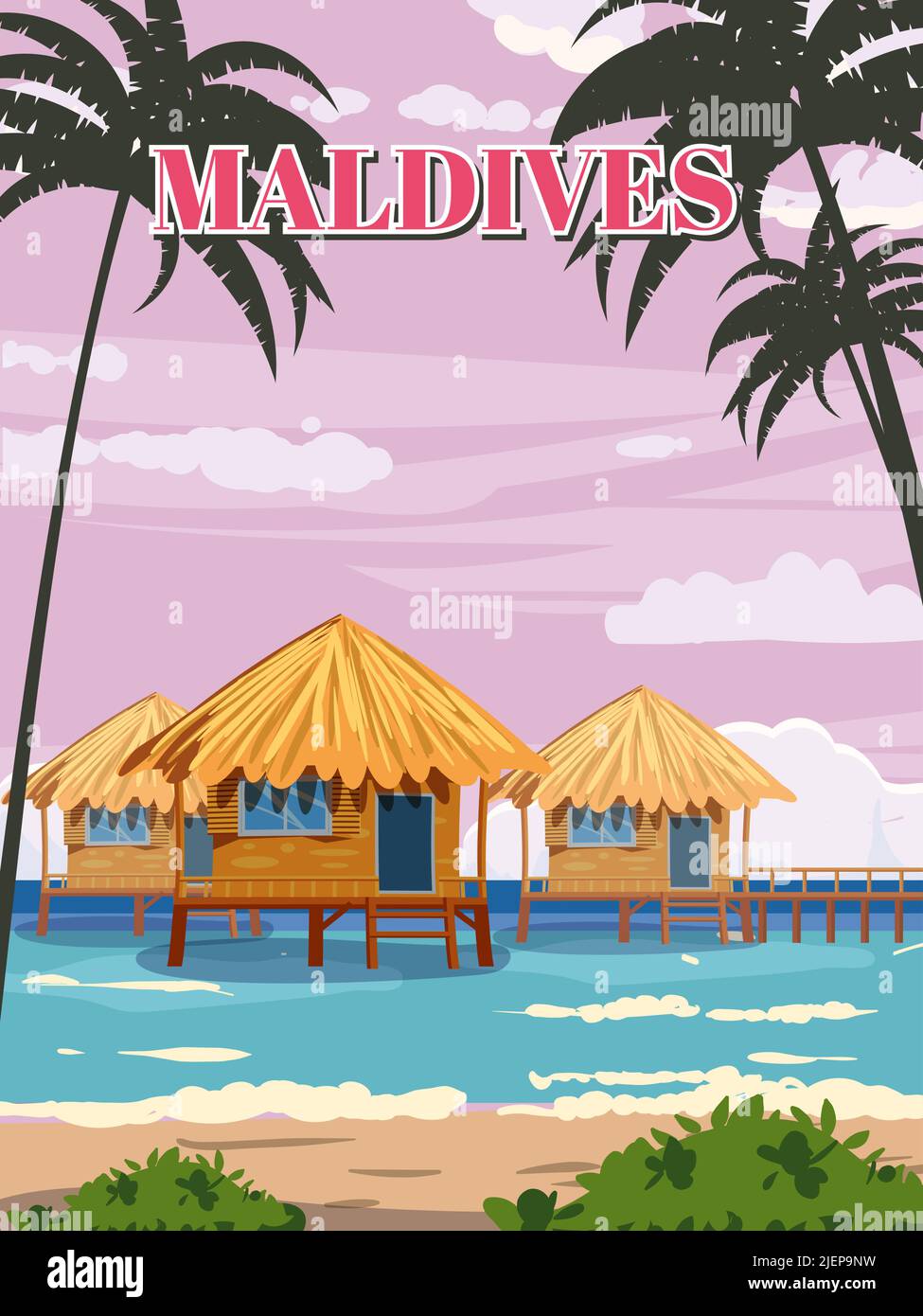 Maldive tropicale resort poster vintage. Vacanze estive. Spiaggia costa capanne tradizionali, palme, oceano. Vettore di illustrazione stile retrò Illustrazione Vettoriale