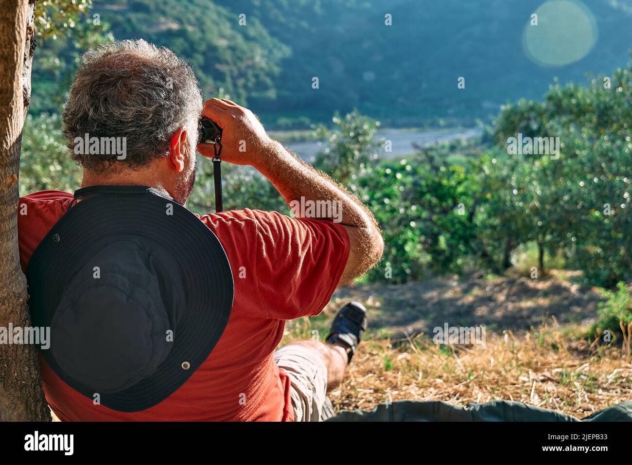 Uomo turistico riposato in oliveto, guardando attraverso binocoli alla vista delle montagne. Viaggiare o allenarsi all'aperto. Persone attive, escursioni, sano Foto Stock