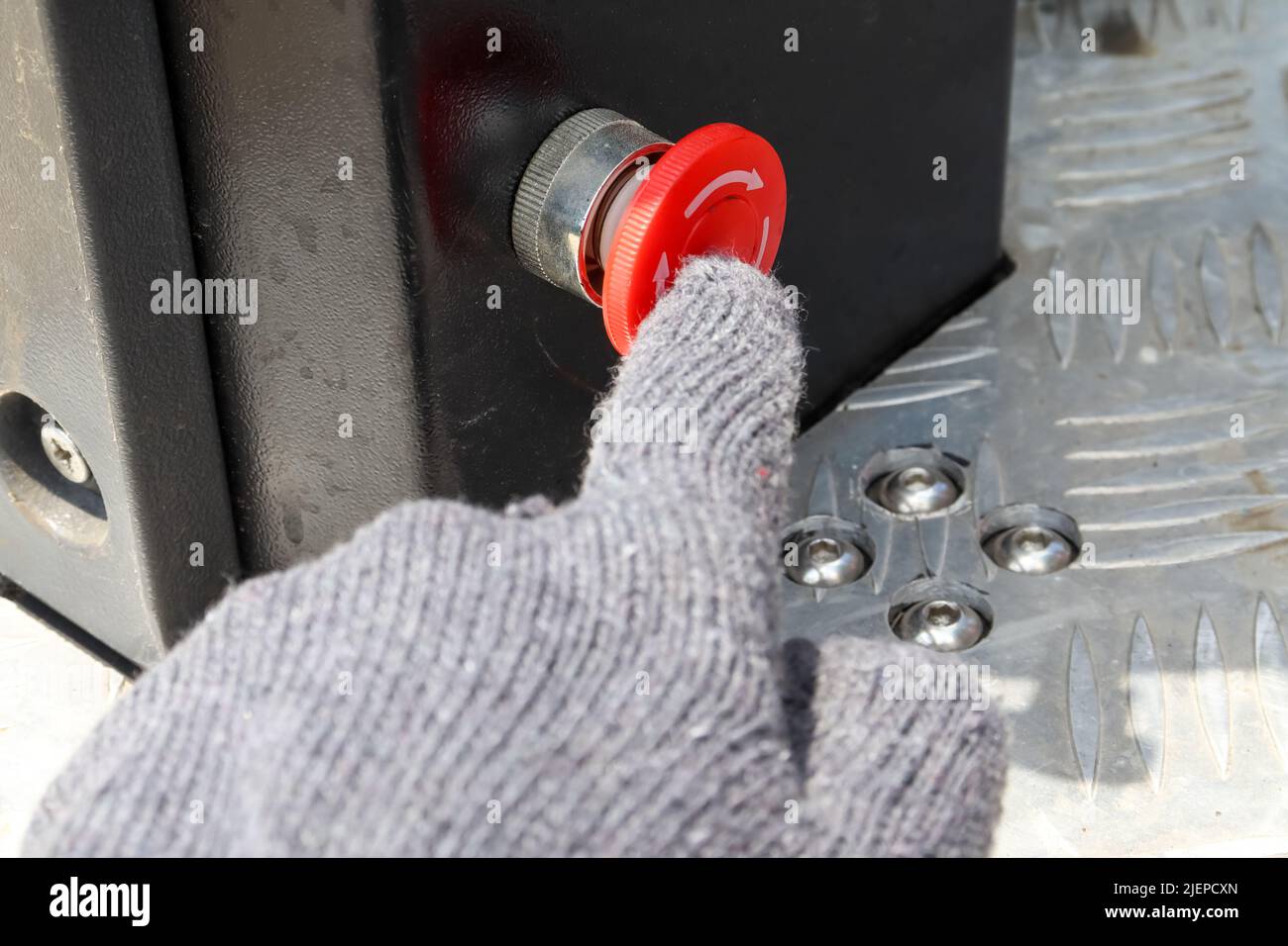 Pulsante interruttore di emergenza per la sicurezza operativa Foto Stock