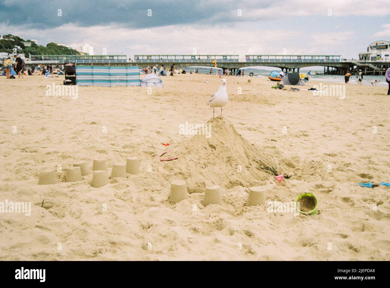 Sandcastle sulla spiaggia di Bournemouth , Dorset, Inghilterra, Regno Unito. Foto Stock