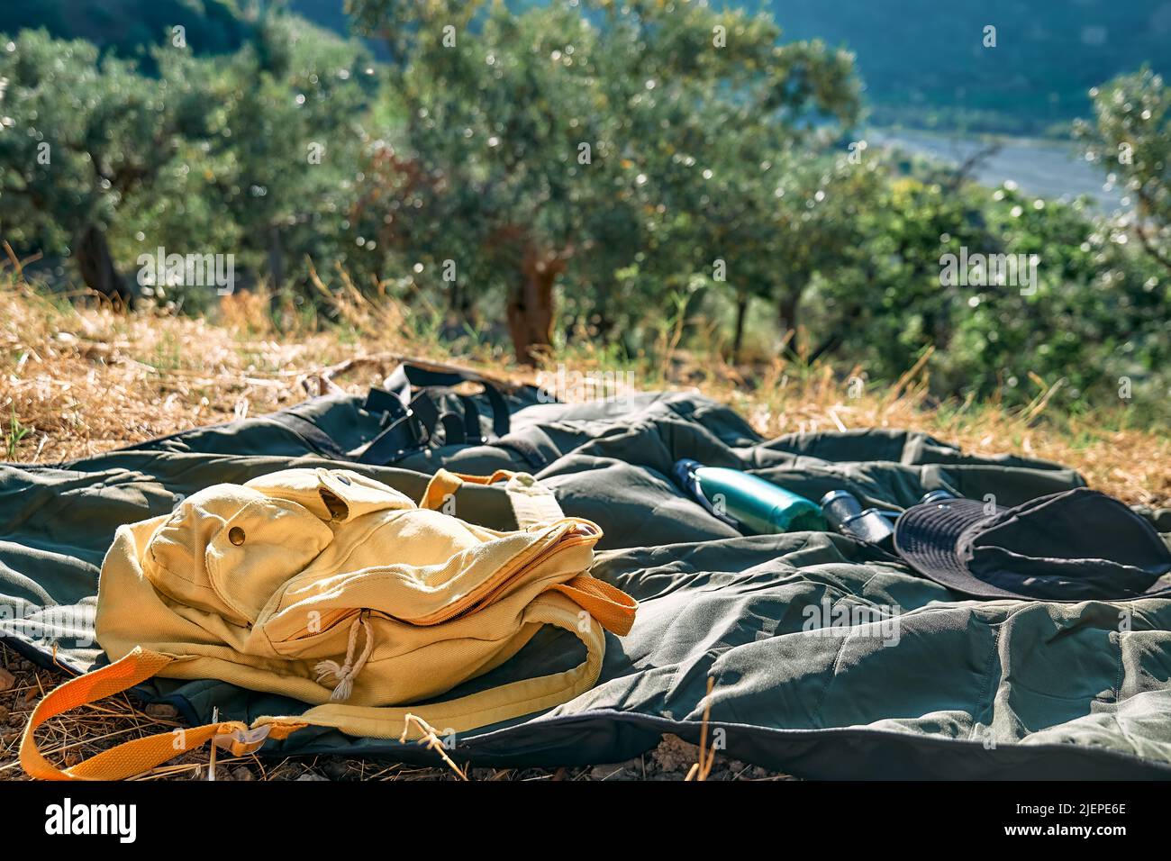 Sfondo del viaggio. Zaino giallo, cappello e binocolo su coperta da picnic in boschetto con vista sulle montagne. Persone attive, escursioni, stile di vita sano e ha Foto Stock