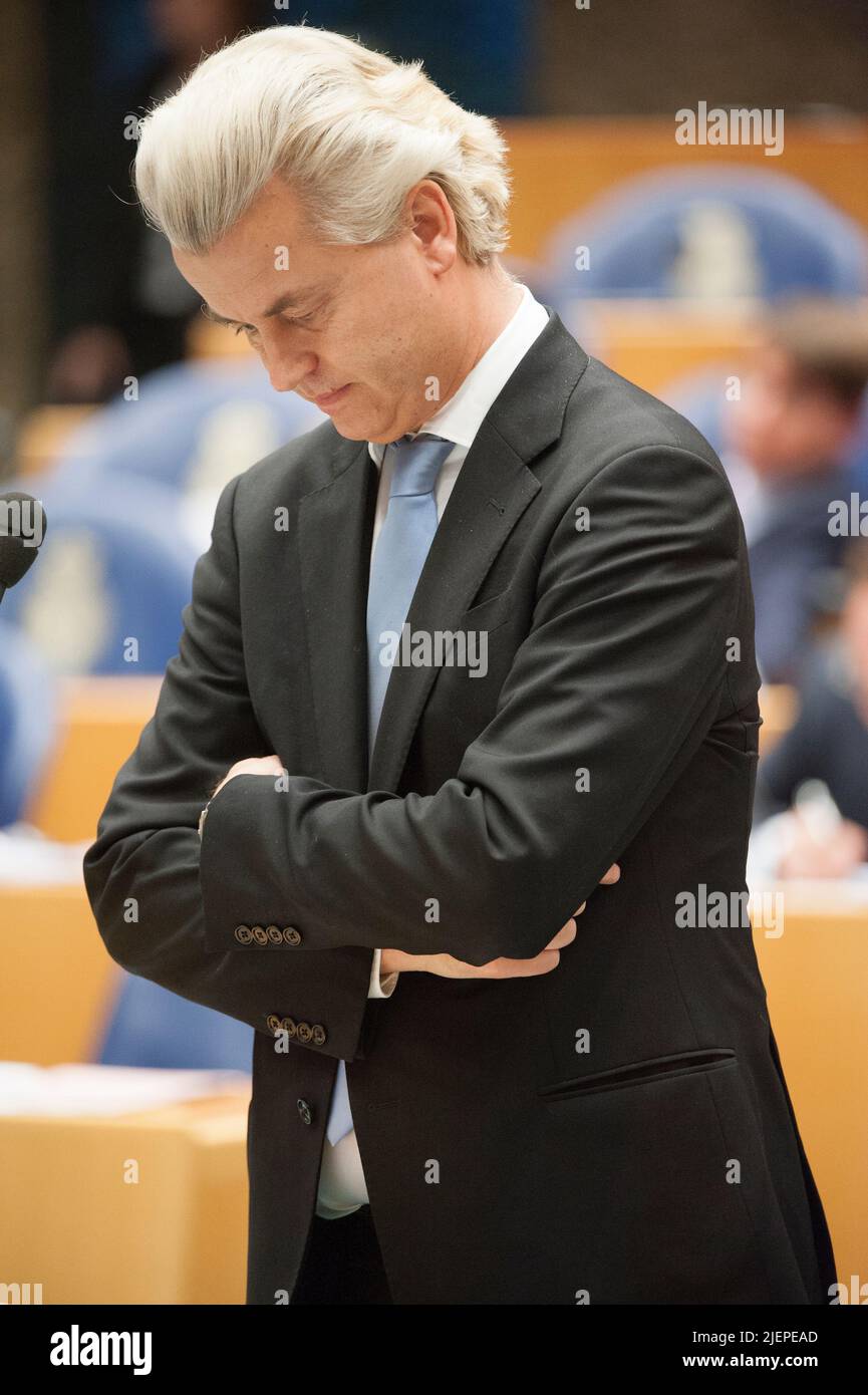 L'Aia, Paesi Bassi. Ritratto di Mister Geert Wilders, leader politico dell'ala destra e del partito Alt Right PVV durante il dibattito parlamentare nella 2nd Camera del parlamento olandese. Foto Stock