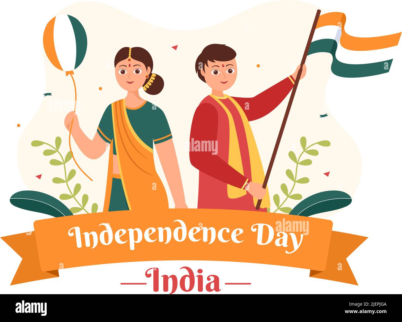 Happy Indian Independence Day che si celebra ogni agosto con bandiere, personaggi e Ashoka Wheels nel Cartoon Style Illustration Illustrazione Vettoriale