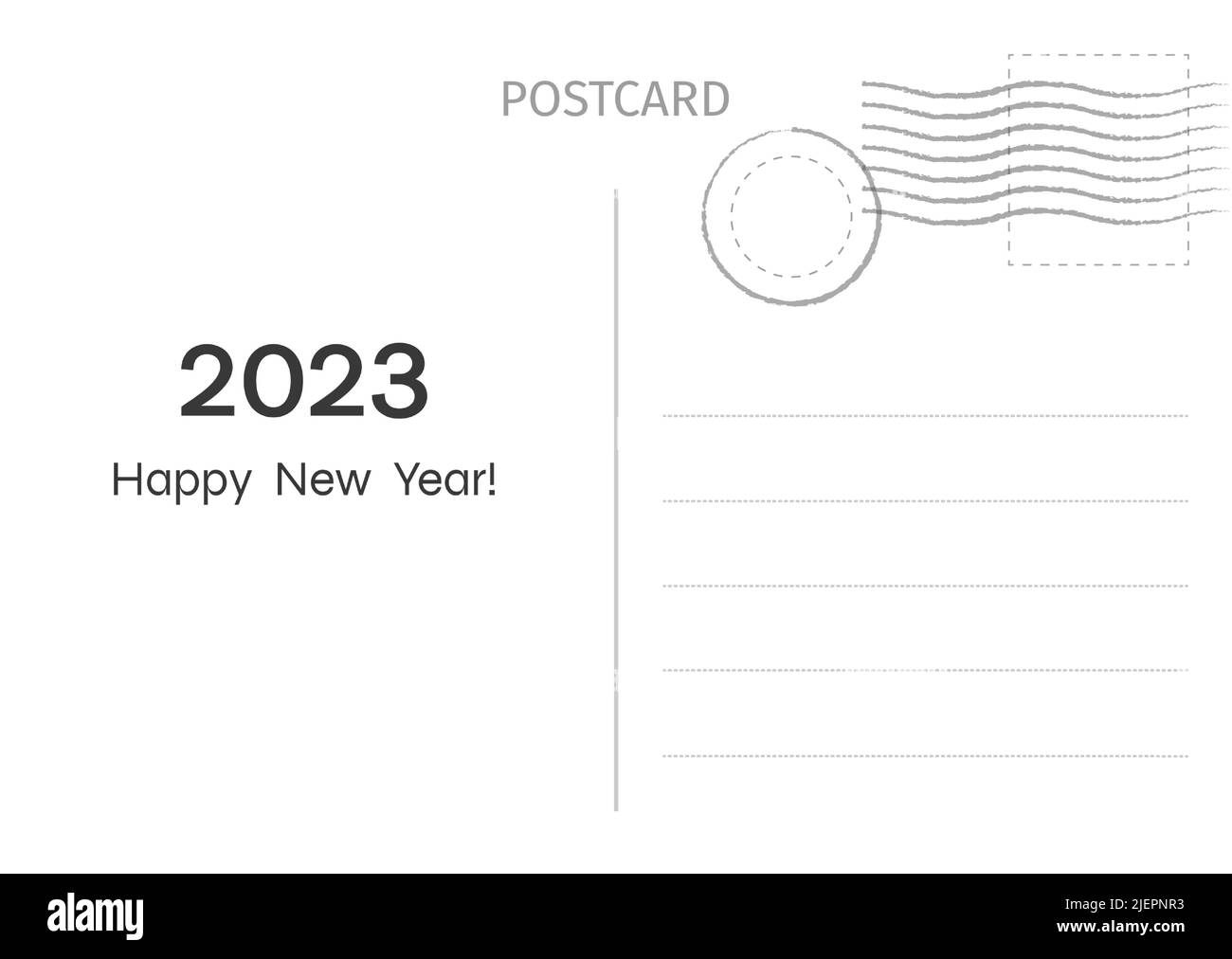 Biglietto di auguri per l'anno nuovo felice 2023. Cartolina. Illustrazione della cartolina postale per la progettazione. Illustrazione vettoriale. Illustrazione Vettoriale