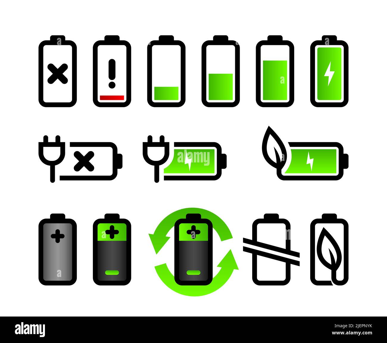 Icone della batteria vettoriale impostate. Livelli della batteria, icone di riciclaggio e di energia naturale su sfondo bianco isolato. Illustrazione Vettoriale