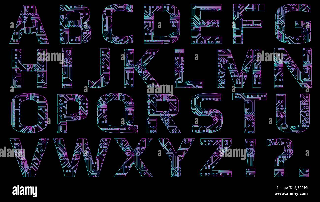 Set di contorni in alfabeto latino in stile digitale perforato con binari per circuito stampato isolati su sfondo nero. Caratteri maiuscoli colorati Illustrazione Vettoriale