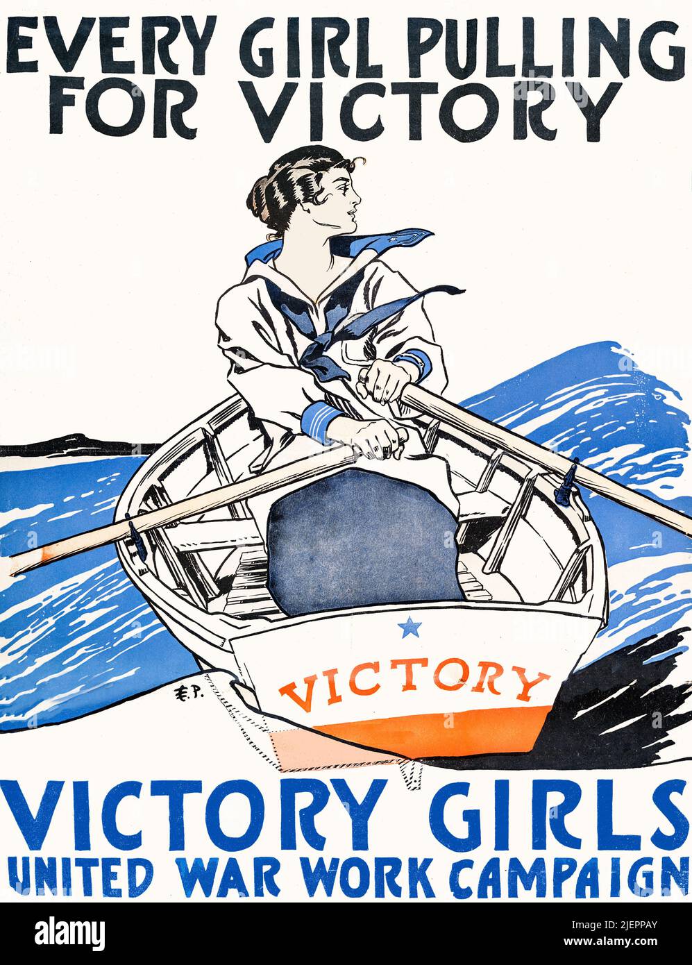Un'illustrazione americana di pubblicità dei primi 20th secolo di una donna che voga una barca da Edward Penfield (1866-1925) per promuovere le ragazze della Vittoria: Parte della campagna di lavoro della guerra unita. Foto Stock