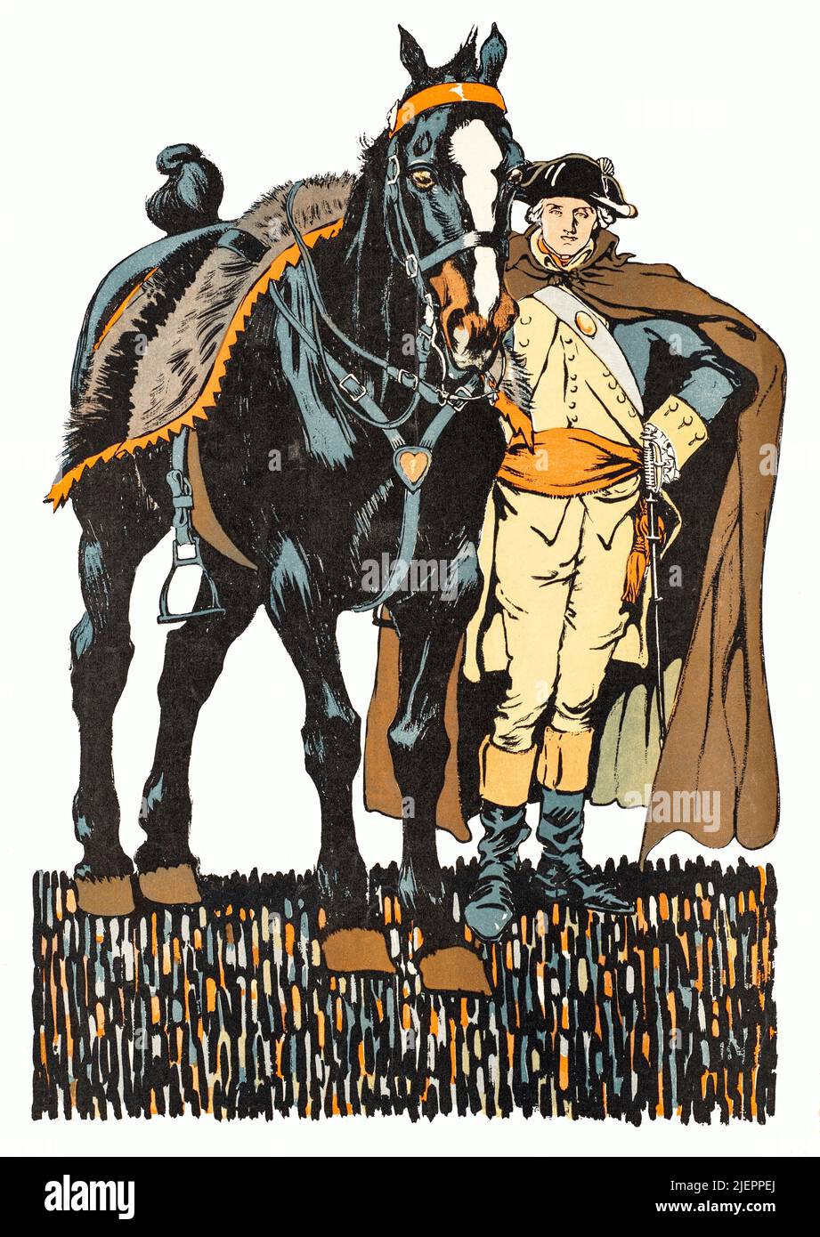 Un'illustrazione dei primi anni del 20th secolo di Edward Penfield (1866-1925) sulla copertina di Collier's, una rivista di interesse generale americana con George Washington (1732-1799) in piedi accanto al suo cavallo. Ufficiale militare, statista, e Padre fondatore ha servito come presidente degli Stati Uniti nel 1st dal 1789 al 1797 Foto Stock