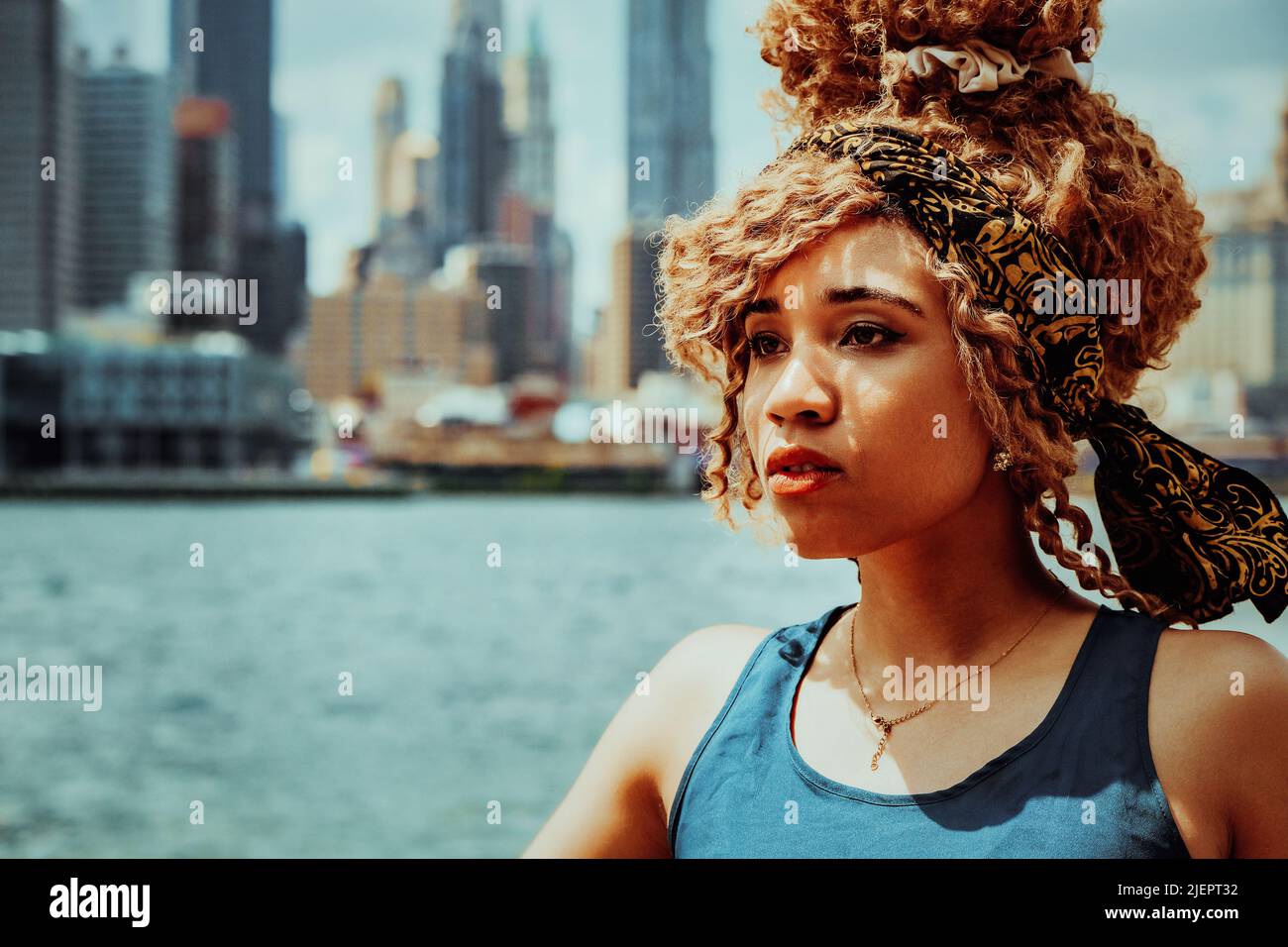 Headshot bella giovane adulta donna afro acconciatura con Manhattan New York City skyline in background all'aperto girato Foto Stock