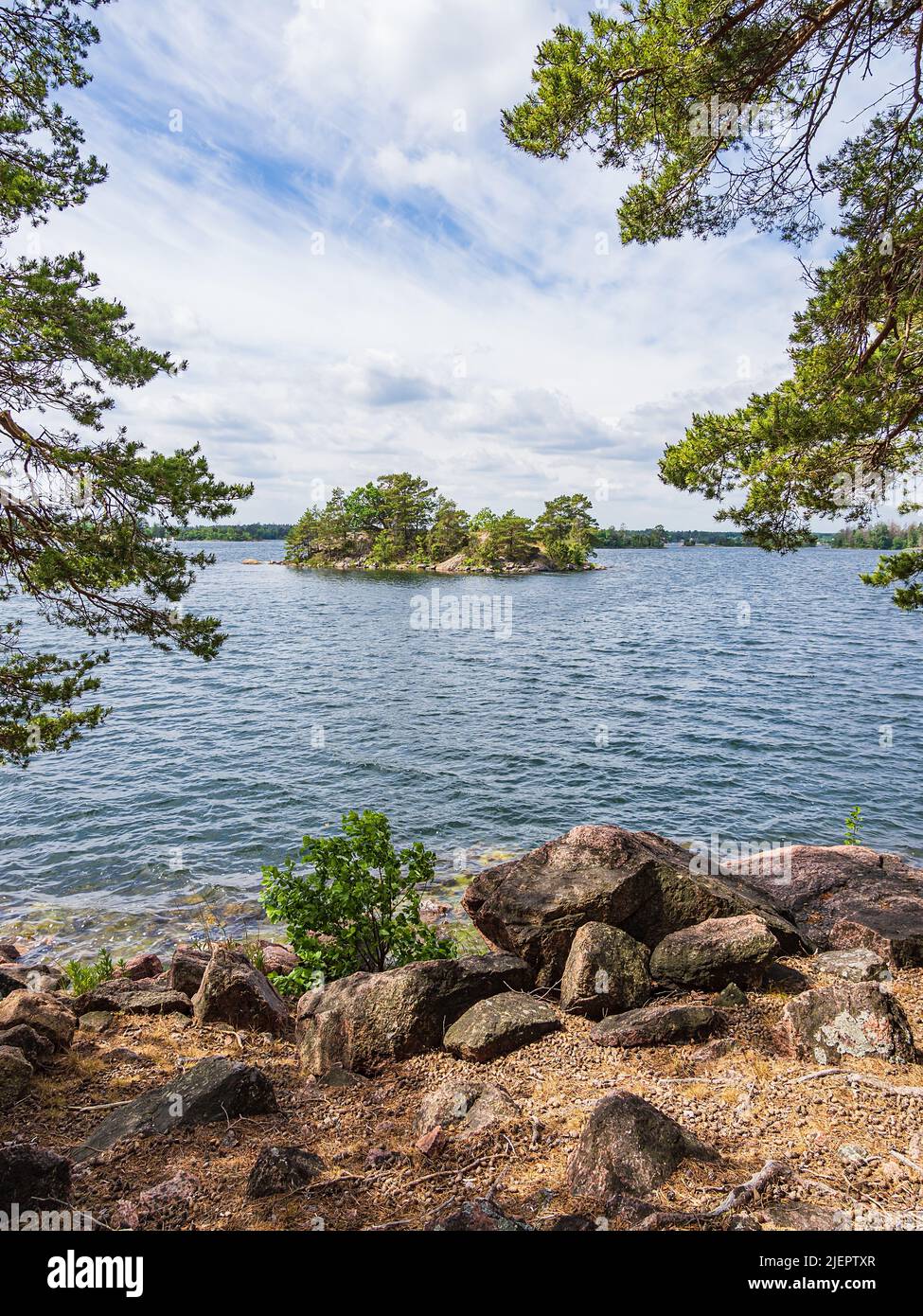 Paesaggio con rocce e alberi nei pressi di Figeholm in Svezia. Foto Stock