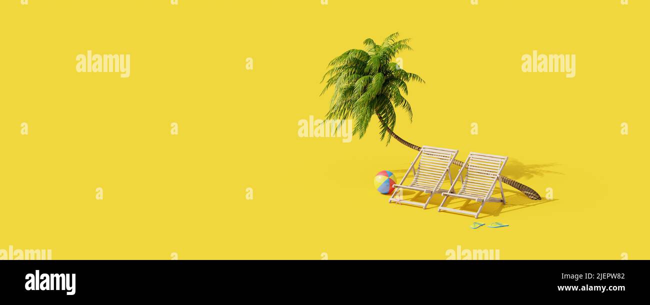 Sedie da spiaggia sotto una palma su sfondo giallo. Idea creativa di viaggio estivo 3D rappresentazione 3D illustrazione Foto Stock