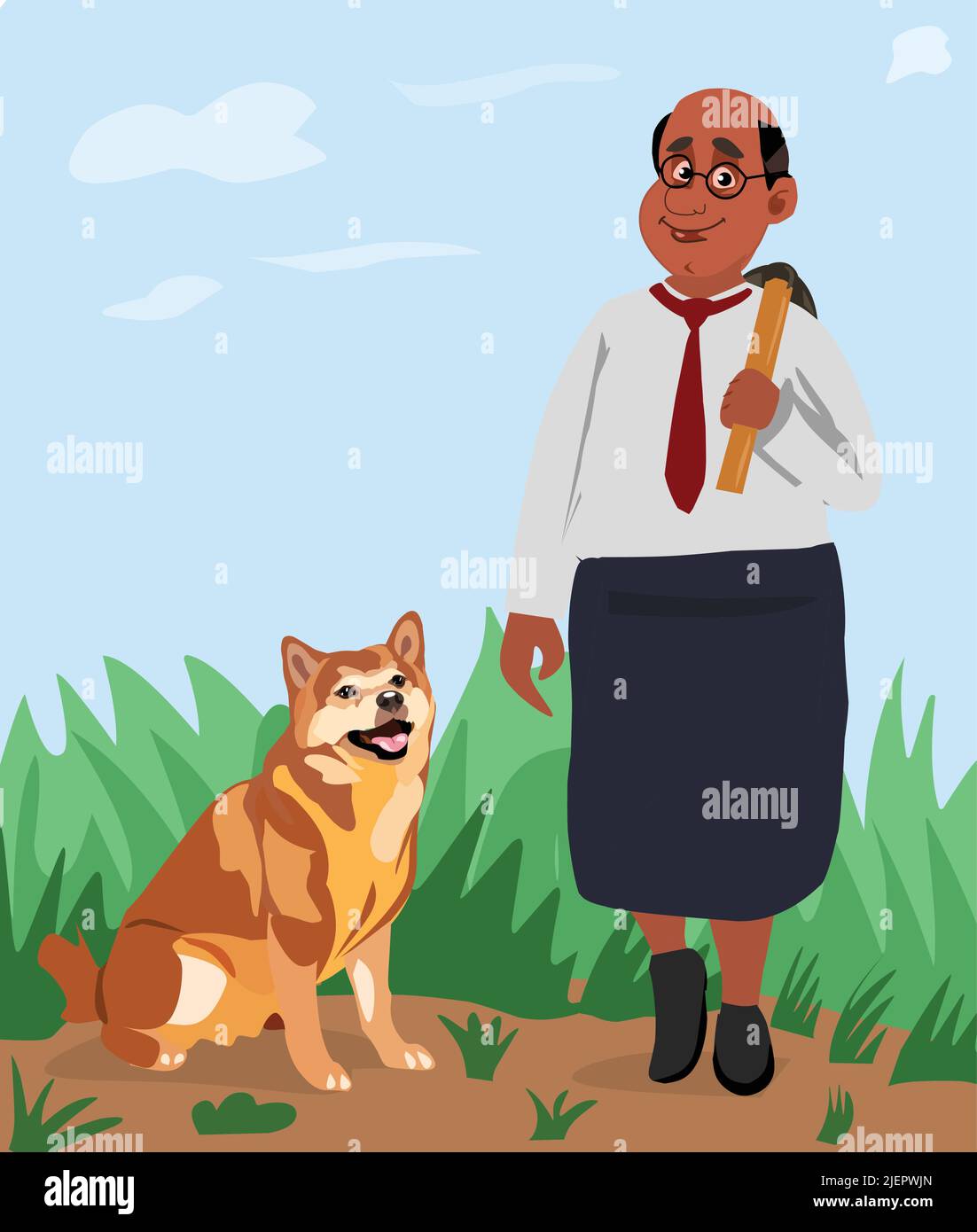 Un contadino con Shiva inu cane che tiene una vanga in fattoria erba vactor illustrazione cartoon Illustrazione Vettoriale