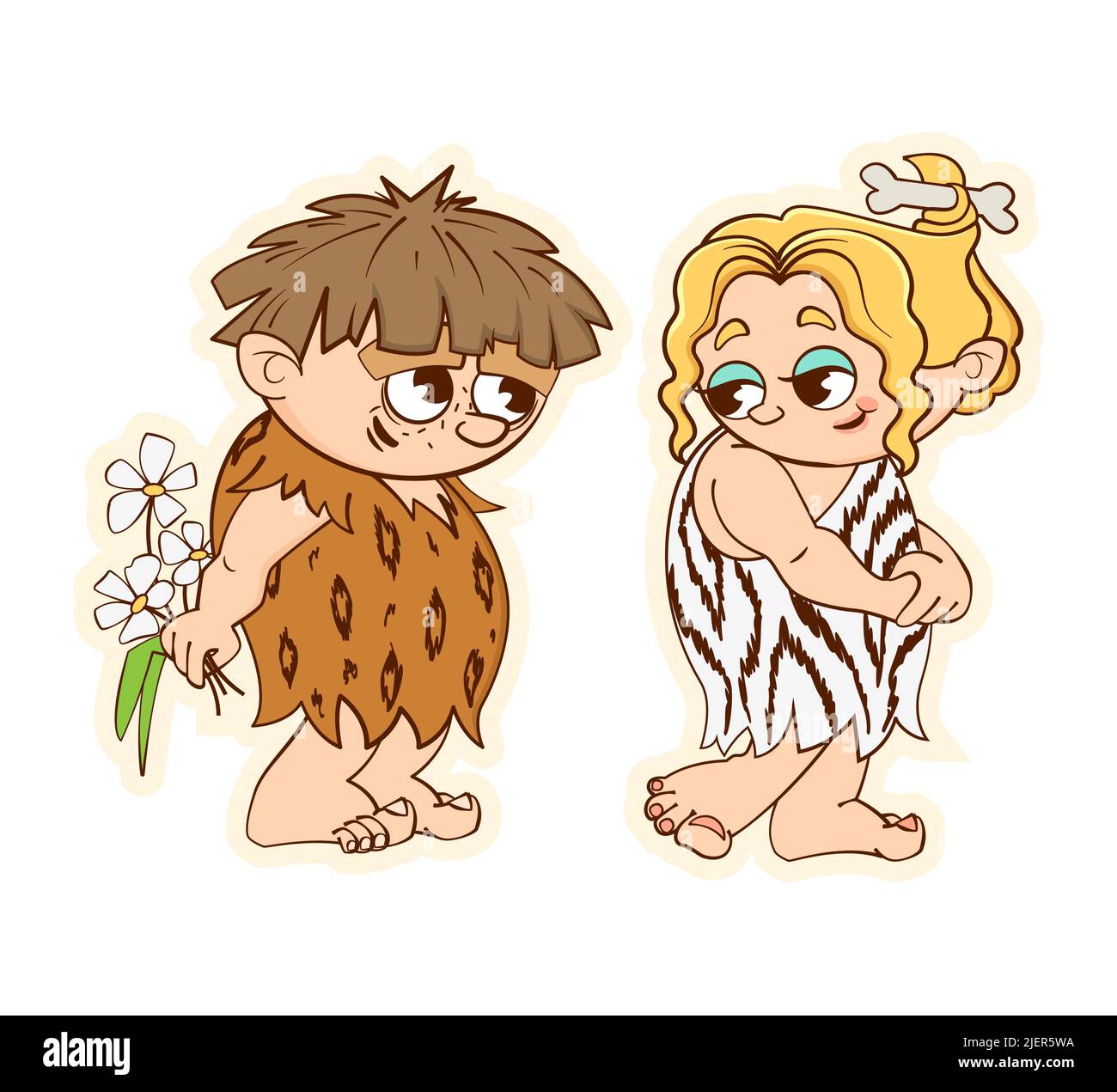 L'uomo primitivo preistorico dona fiori di camomilla a girl.Comic personaggi di libri primitivi in stile cartoon bianco e nero. Adesivi, decalcomanie Illustrazione Vettoriale