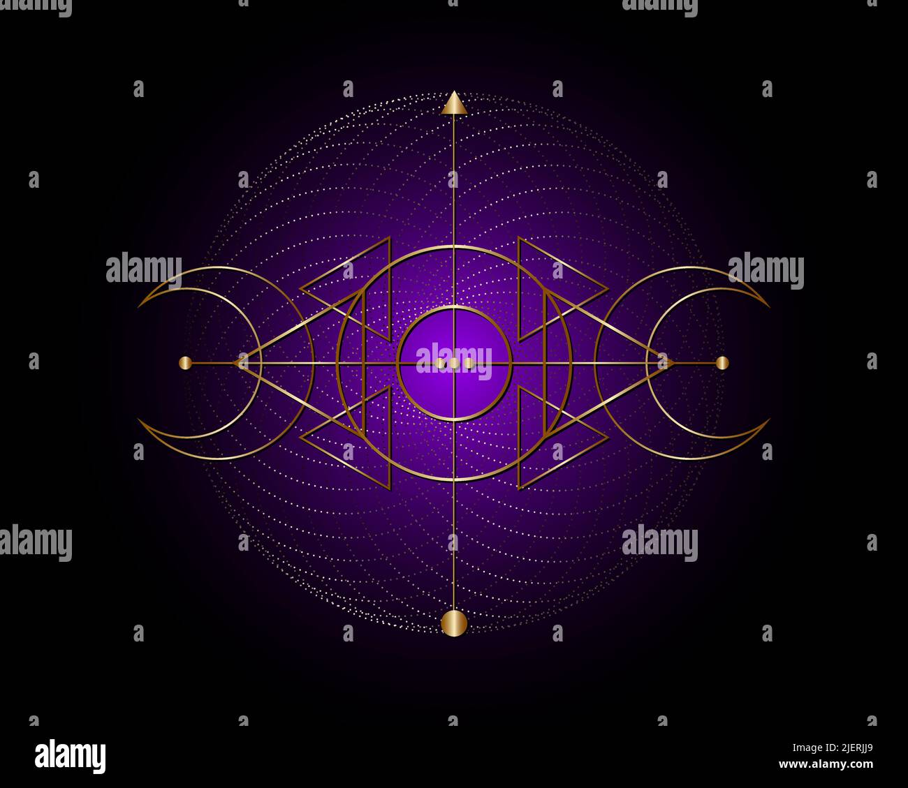 Luna tripla magica. Simbolo d'oro della divinità vichinga, geometria sacra celtica, logo Wiccan, triangoli esoterici alchimici. Occultismo spirituale vettore oggetto Illustrazione Vettoriale