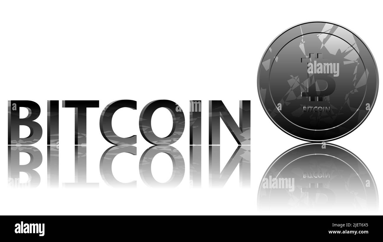 bitcoin argento su sfondo bianco con il suo riflesso. bitcoin criptovaluta illustrazione arte, riflessione bitcoin, bitcoin, valuta, denaro, moneta Foto Stock