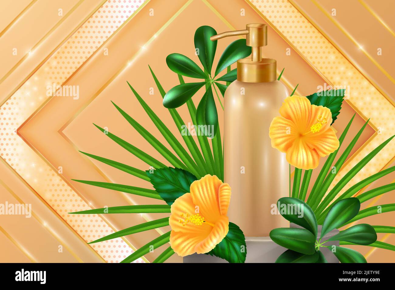 3D bottiglia d'oro con dispenser, prodotto cosmetico naturale per la cura della pelle, fiori tropicali e illustrazione vettoriale delle foglie. Confezione realistica con sapone cremoso, shampoo, lozione su sfondo geometrico dorato Illustrazione Vettoriale