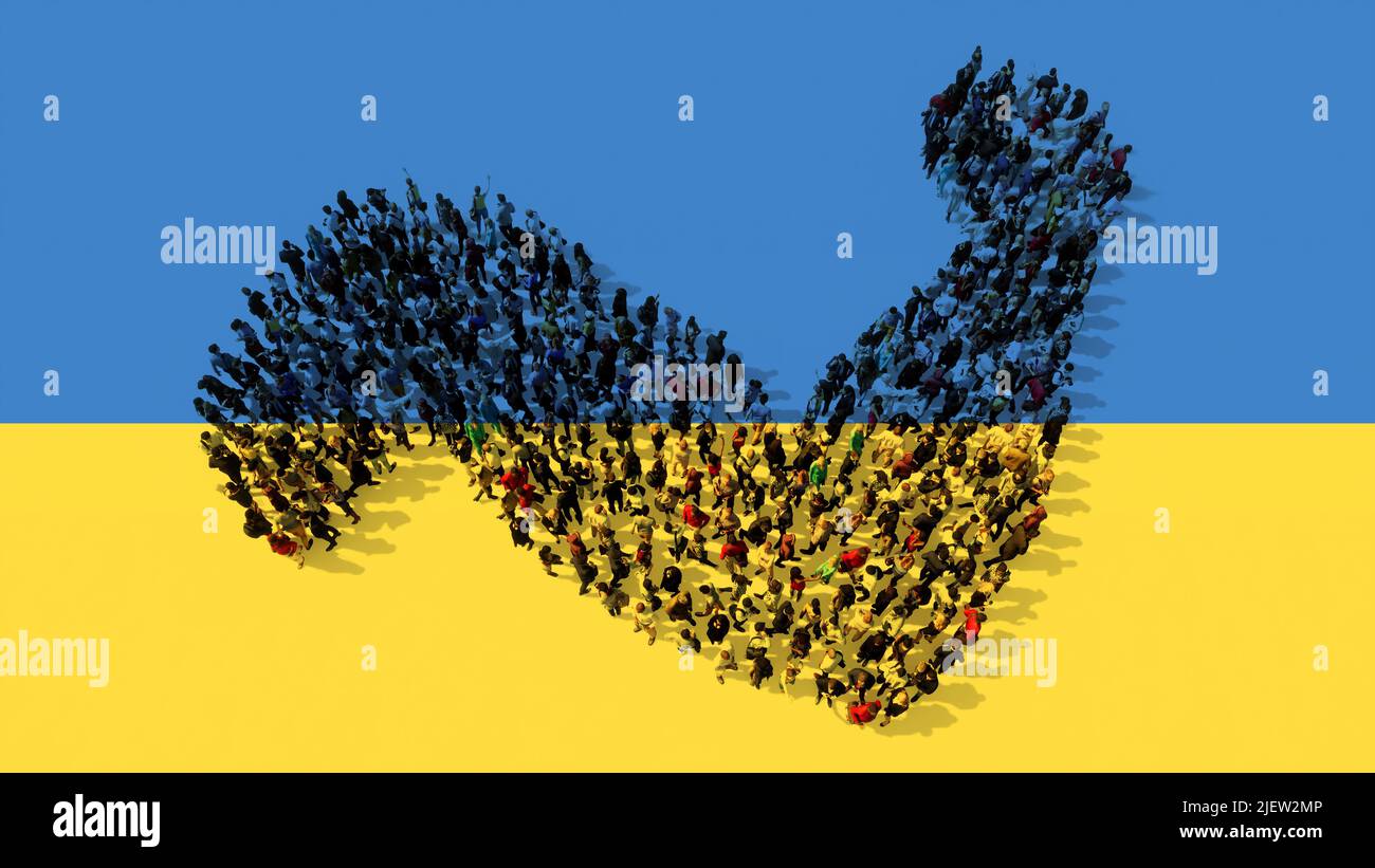 Concetto o comunità concettuale di persone che formano l'immagine di un braccio forte sulla bandiera Ucraina. Una metafora di illustrazione del 3D per resistenza, potenza, resi Foto Stock