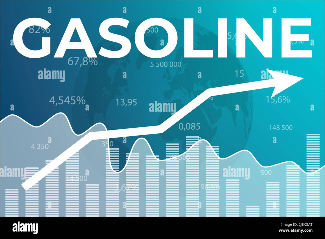 Grafico del mercato azionario dei prezzi della benzina su sfondo blu della finanza con grafico, colonne, mappa del mondo. Trend di crescita Illustrazione Vettoriale