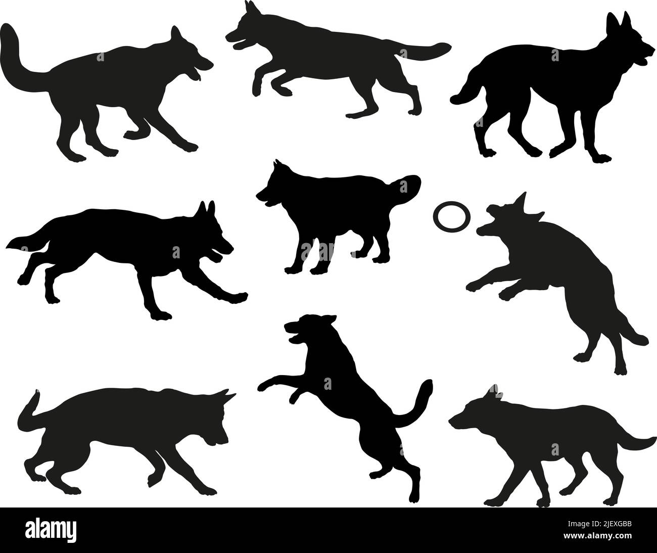 Gruppo di cani pastorelli tedeschi. Silhouette nera per cani. Correre, stare in piedi, camminare, giocare, saltare cani. Isolato su sfondo bianco. Animali domestici. V Illustrazione Vettoriale